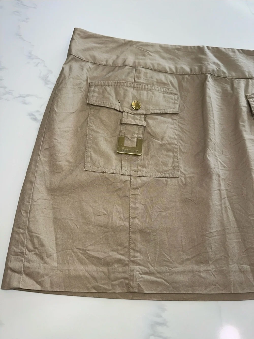 MICHAEL KORS 14~KHAKI UTILITY CARGO MINI SKIRT~FRONT FLAP POCKETS GOLD DETAILS